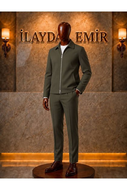 Men's Khaki Green Slim Fit Zippered 2-Piece Sports Suit