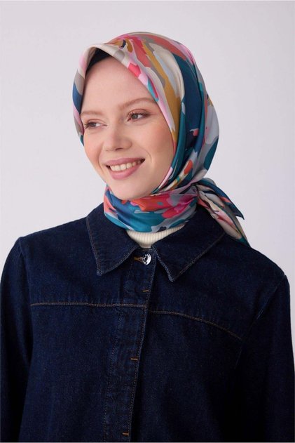 Eșarfă din mătase - 4315-82 Verde petrol, țesătură twill