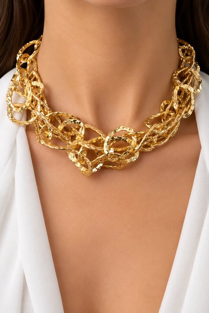 Star Embroidered Three Row Gold Chain Necklace