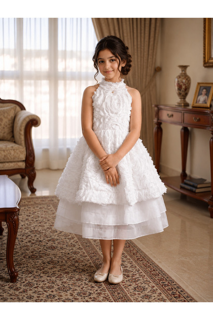 Luxury Girls White Party Dress with 3D Rose Design & Three-Layer Design
