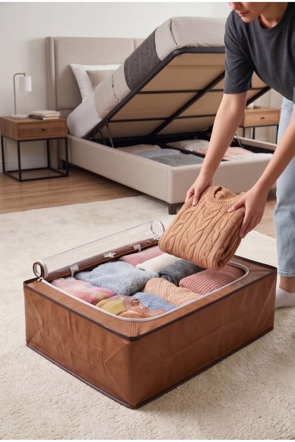 2-Piece Large Plus Under-Bed Organizer with Windows, Supported, Faux Leather, and Wire Frame, 66x46x20 cm