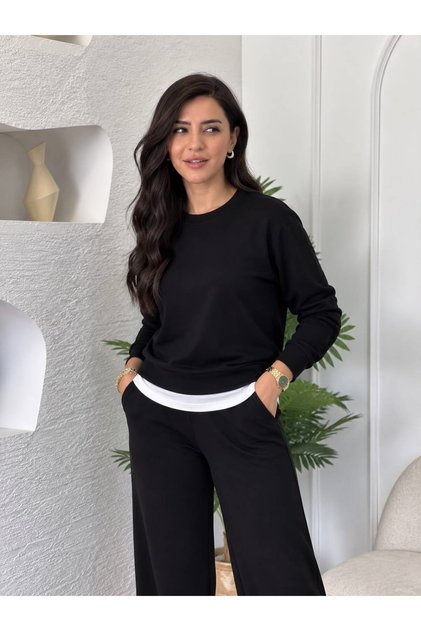 White T-Shirt Detailed Modal Fabric Wide Leg Comfortable Cut Women's Top and Bottom Set Tracksuit