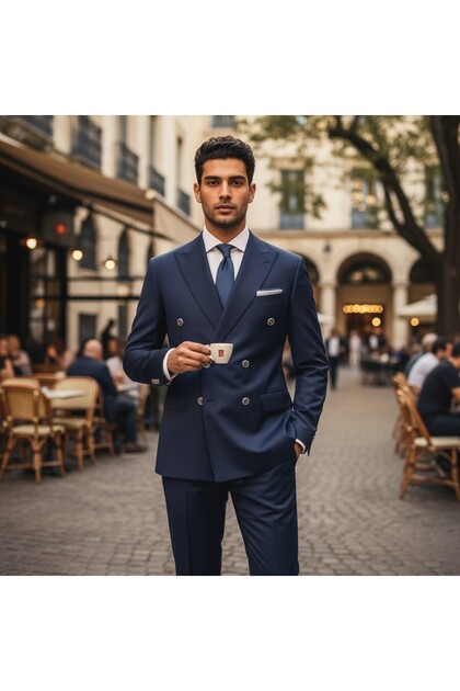 Special Design Navy Blue Men's Double Breasted Suit