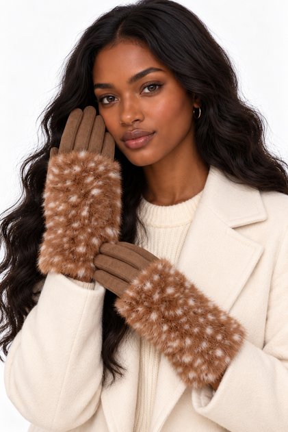 E0031 Vizon Leopar Desen Bileği Yoğun Kürklü Eldiven 24 cm
