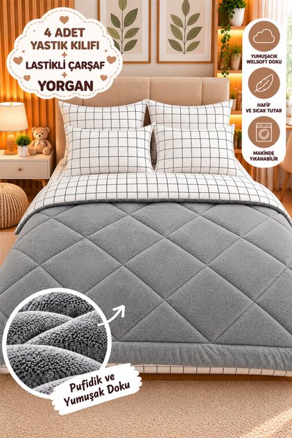 Double Welsoft Fleece Puffy Sleep Set (WITH ELASTIC SHEET) White Square