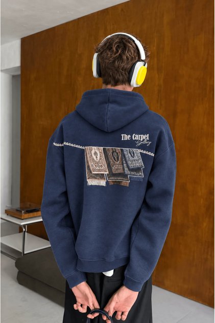 Men's Carpet Patch Detailed Oversize Hoodie Navy Blue
