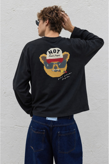 Men's Teddy Printed Oversize Long Sleeve Black