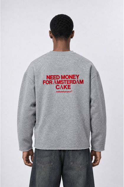 Men's Cake Printed Oversize Sweatshirt with Dirty Stitch Detail, Gray Melange