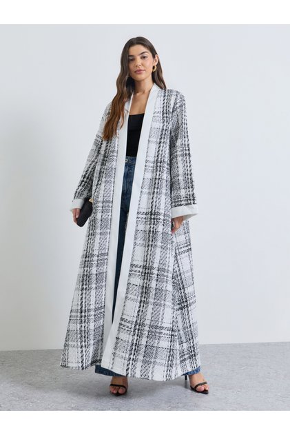 Off White Front Open Tweed-Look Check Winter Abaya