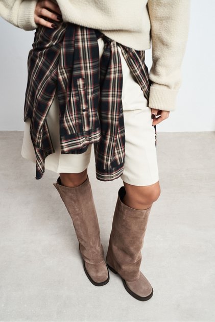 Varena Dark Beige Suede Leather Women's Boots with Cuff, Zipper, Square Toe, and Thick Heel