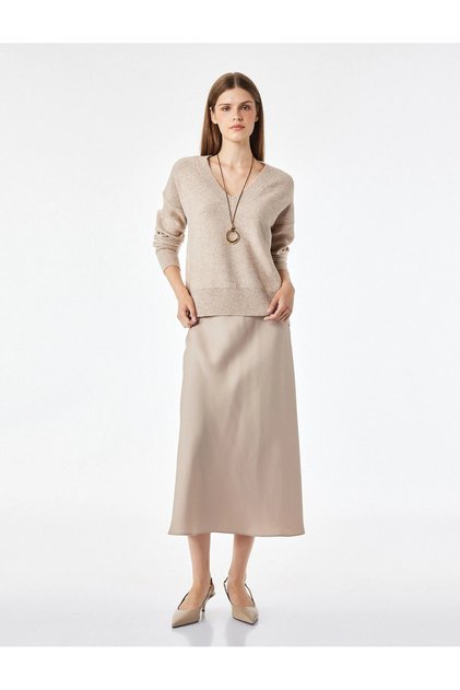 Women's Regular-Fit Flared Satin Midi Skirt in Taupe Color