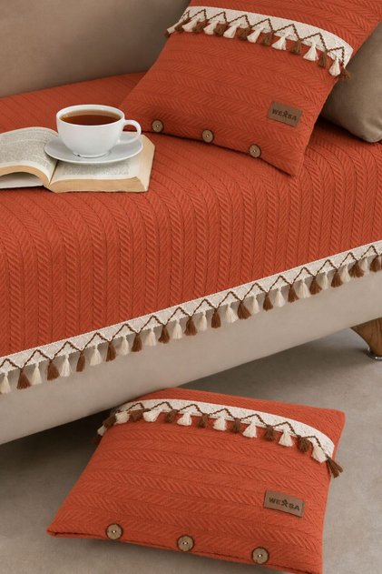 Modern Bohem Dokulu Koltuk Örtüsü Oturmayeri Örtüsü 1 Adet Örtü 85x200 cm ve 2 Adet Kırlent Kılıfı 40x40 cm - Püskül Detaylı