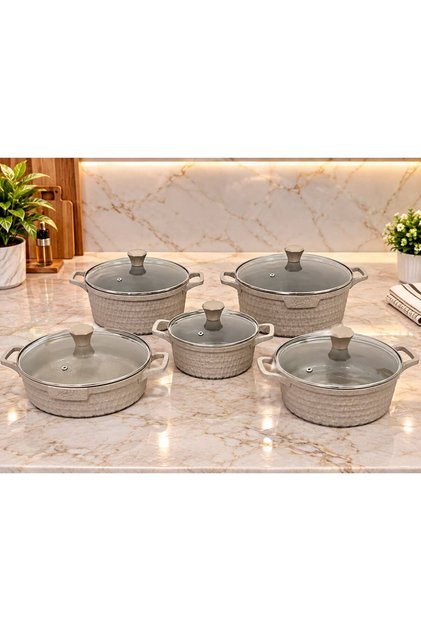 10Pcs Granite Pot Set with Glass Lid with Iron Handle