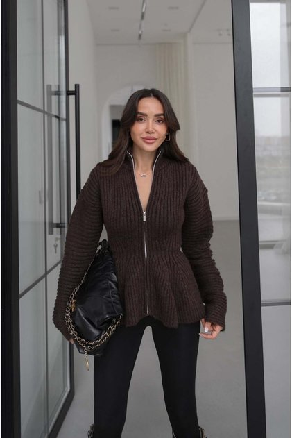 Brown Mock Neck Peplum Cardigan
