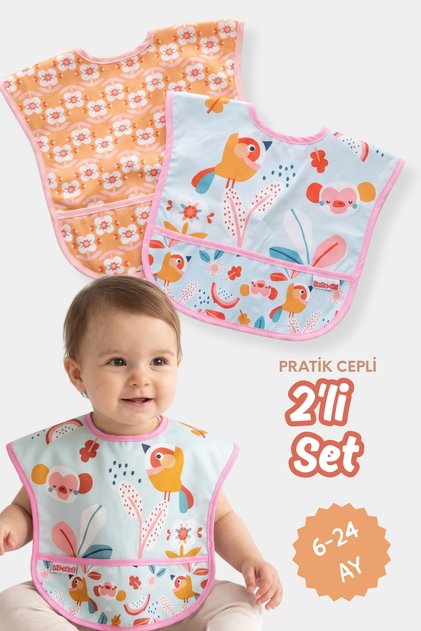2-Piece Girls' Bird-Print Set (LIQUID-RESISTANT) Activity and Pocketed Bib, 6–24 Months