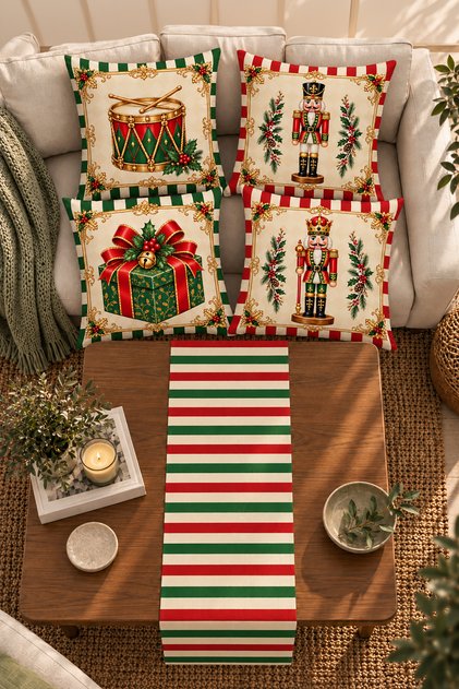 New Year's-Themed Nutcracker and Gift Box Patterned Set of 4 Cushion Covers and Table Runner, 43x43 cm; Reversible with Invisible Zipper, 40x140 cm