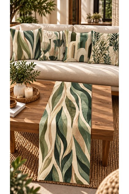 Modern Botanical Leaf-Patterned 4-Piece Cushion Cover Set + 1 Table Runner Set in Green and Cream Tones – 43x43 cm Reversible Cushion Covers, 40x140 cm Table Runner