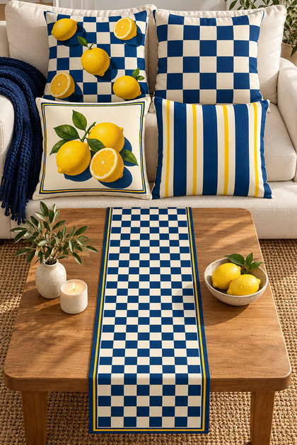 Blue Plaid Cushion Cover and Table Runner Set with Lemon Pattern (Set of 4) – 43x43 cm, Reversible, Invisible Zipper, 40x140 cm Table Runner