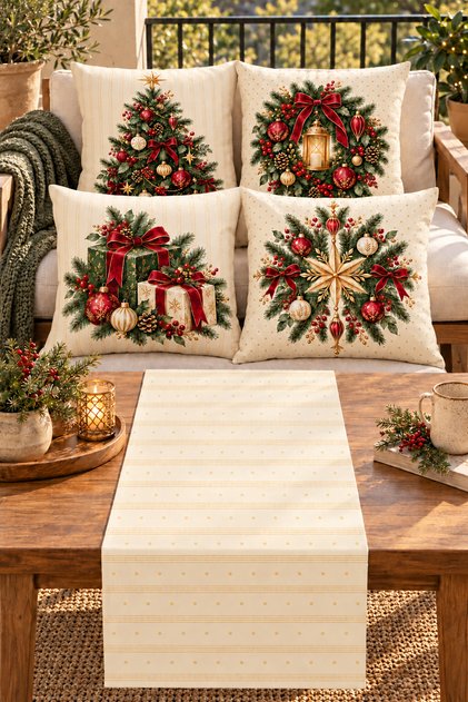New Year’s-Themed Christmas Tree, Gift Wraps, Red Ribbon, and Gold Star-Patterned Set of 4 Cushion Covers + 1 Table Runner – 43x43 cm Reversible, Invisible Zipper Cushion Covers, 40x140 cm Table Runner
