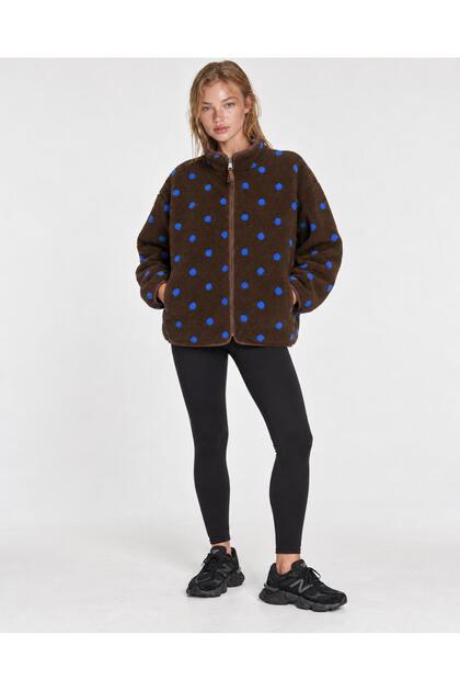 Women's Coffee-Polka Dot Plush Jacket with Pockets