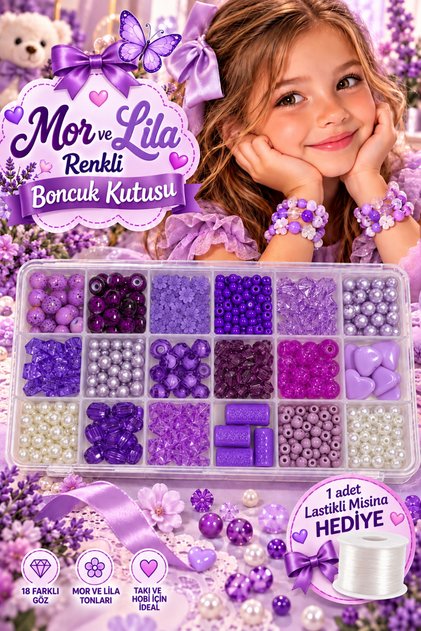Mor Lila Çocuklar İçin Takı Yapım Seti Hobi, Kendin Yap Eğlenceli Boncuk Seti - Bileklik Kolye