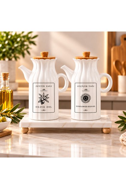 Mermer Standlı Porselen 2’li 1000 ml Yağdanlık Set 3’lü Kare Yağlık Set Ayçiçek Yağı Zeytinyağı Şişesi