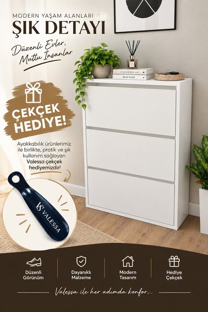 İzora Düşer Kapak Ayakkabılık Kayar Raflı Ayakkabılık 3 Bölmeli Ayakkabılık Beyaz