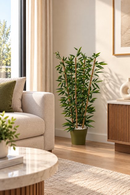 Yapay Yapraklı Saksılı Dekoratif Bambu Ağacı 90 Cm 5 Gövde