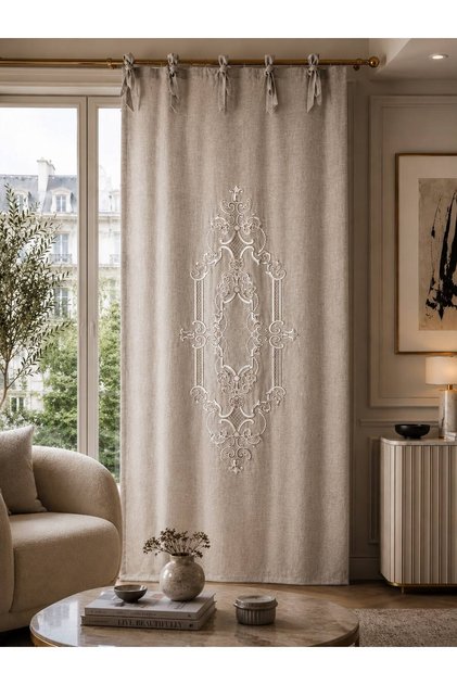 Lina Linen Look Embroidered Panel Curtain Beige (Measurements Width X Length)