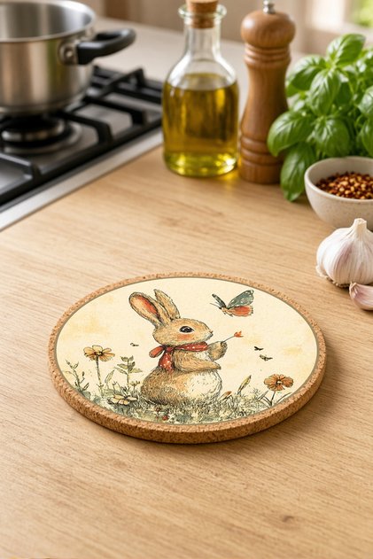 Sevimli Tavşan Mantar Nihale Tencere Tava Altlığı 19cm Çapında 1cm Kalınlığında
