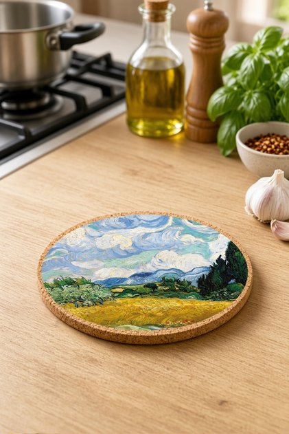 Van Gogh Buğday Tarlası Mantar Nihale Tencere Tava Altlığı 19cm Çapında 1cm Kalınlığında