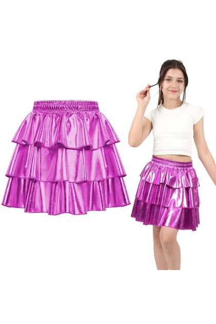 Girls' Elastic-Waist Metallic Shimmering 3-Layer Ruffled Skirt — Fuchsia
