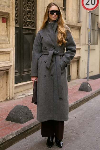 Knitted and Button Detailed Double-Breasted Premium Coat Dark Gray 3170