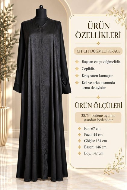 Liva Saten Kraş Siyah Abaya