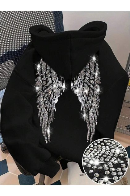 Kadın Sırtı Kanat Taş Baskılı 3 İplik Şardonlu Kumaş Kapüşonlu Oversize Sweatshirt