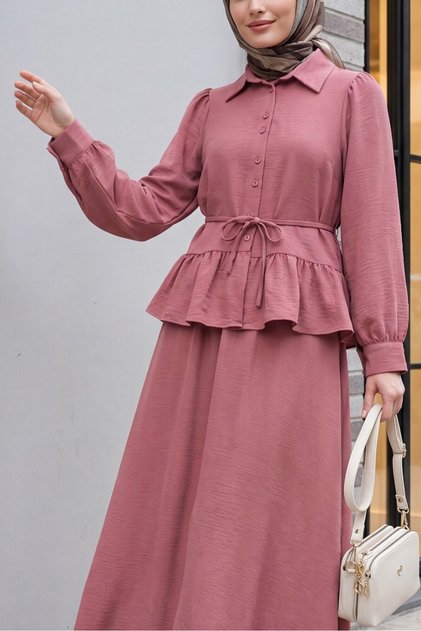 Patchwork Ruched Blouse and Skirt Set - dry rose