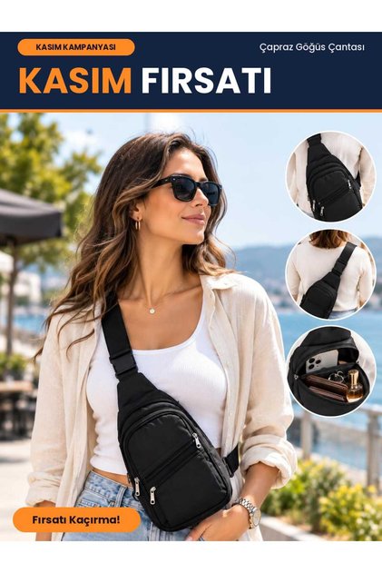 Black 3-Zipper Women's and Men's Chest and Waist Side Crossbody Bag