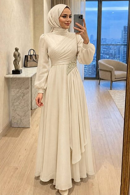 Sparkling Fabric Draped Ecru Hijab Evening Dress 4916E