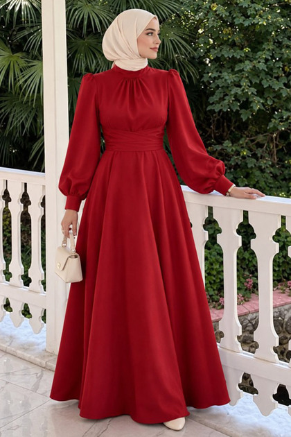 Satin Red Hijab Evening Dress 6297K