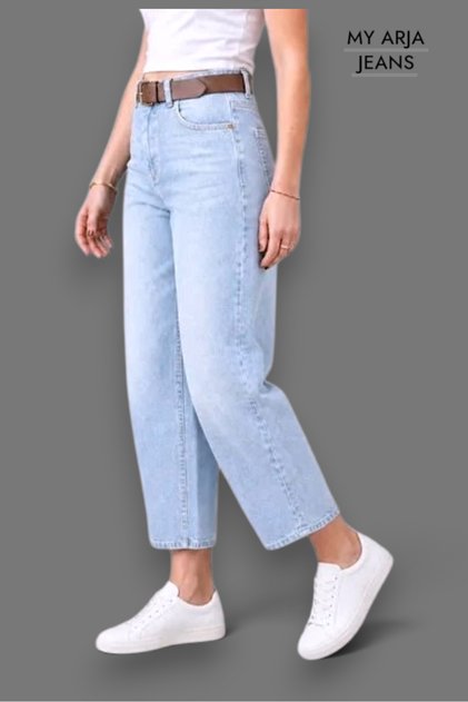 High Waist Snow Wash Baggy Jean Denim Pants - Leather Belt Gift Included
