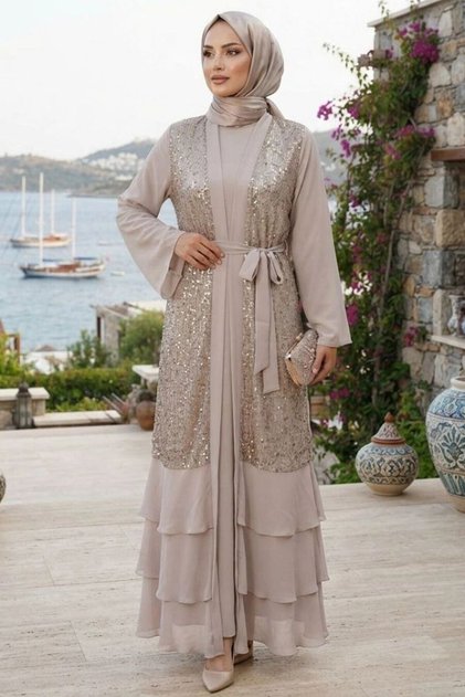 Chiffon Sequin Beige Flounced Hijab Evening Dress 48162Bej
