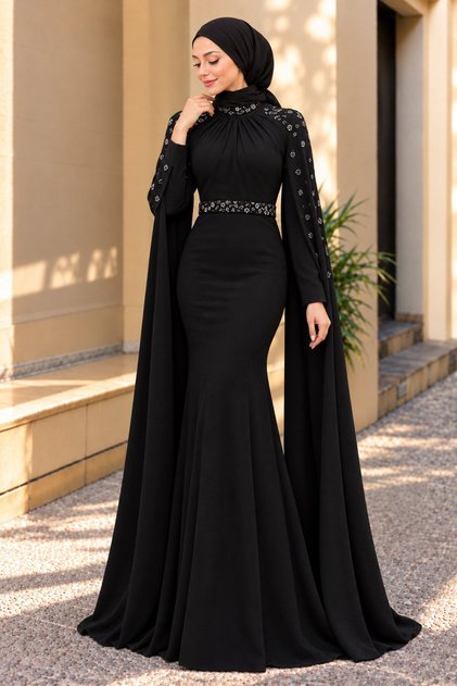 فستان سهرة أسود محتشم مع عباءة 4863S