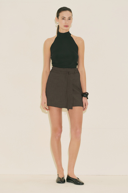 Belted Detail Shorts Skirt Brown