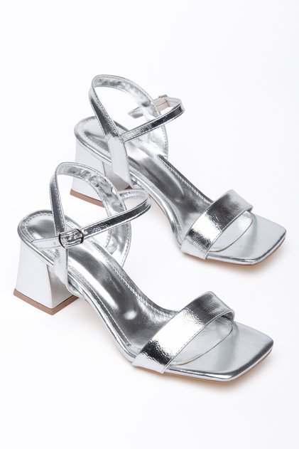 Women's Silver Single Strap 7 cm Heel Sandals