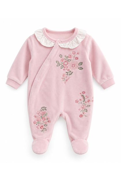 Baby Girl Powder Pink Flowery Velvet Jumpsuit Set