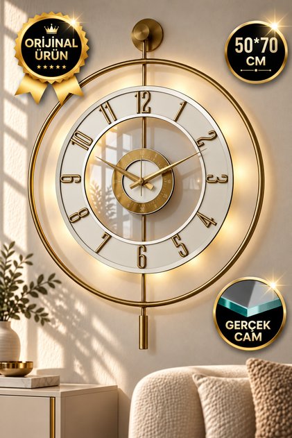Metal Camlı Duvar Saati 50 X 70 Cm Orta Boy Işıklı Gerçek Cam gold-şeffaf-beyaz-gold
