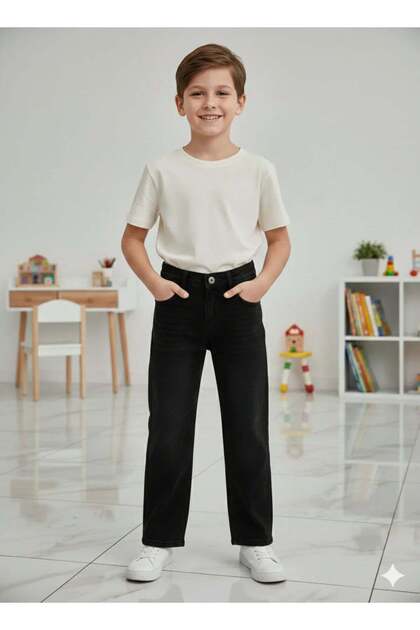 Boys' Cotton Baggy Jeans with Elastic Waistband, Relaxed Fit, Loose-Fitting — Black