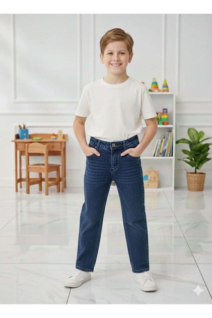 Boys' Cotton Baggy Jeans with Elastic Waistband, Relaxed Fit, Loose-Fitting — Dark Blue