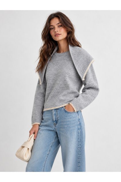 Gray Soft Textured Lace Detailed Crew Neck Shawl Collar Knitwear Sweater