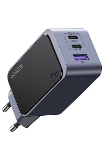 Încărcător rapid GaN 65W, 2x USB Type-C, 1x USB, Gri